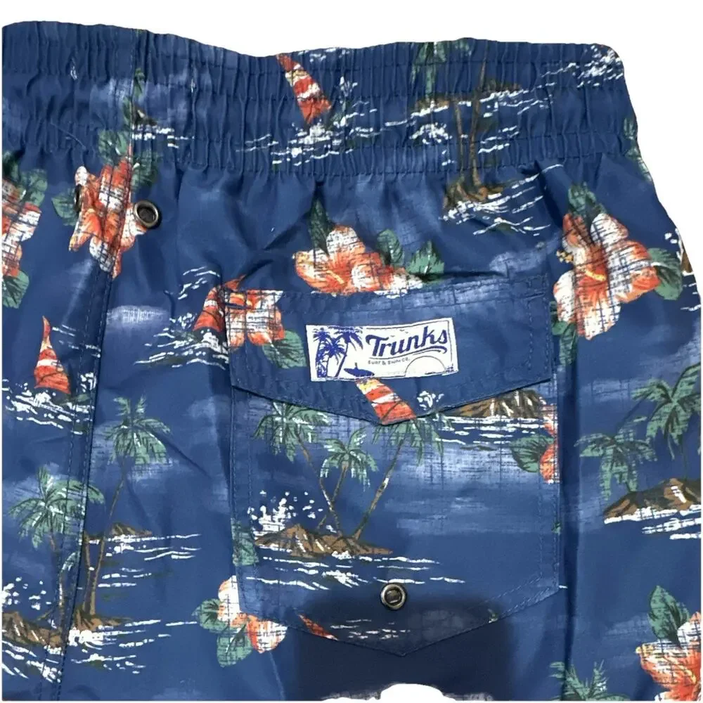 Trunks Surf & Swim Co. Men’s Blue Tropical Floral Swim Trunks L Drawstring Lined